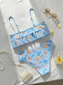 Swim Mod 花卉蕾絲可愛甜美復古休閒度假海灘海邊女款泳衣套裝 - 彩色 - 查看 2