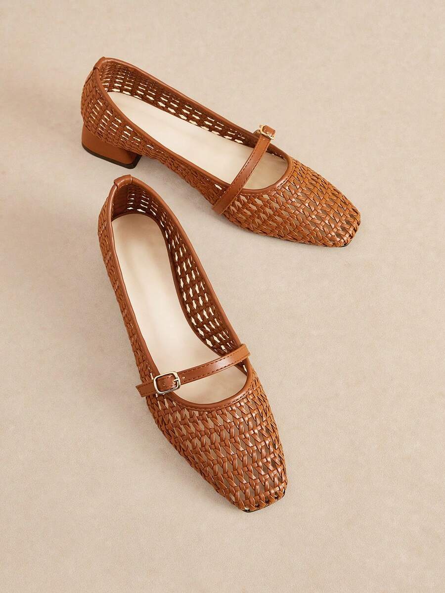 Rosivie Braided Hollow Mary Jane Block Heel Shoes - Ginger 1 - View 1