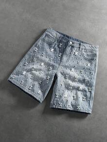 ROMWE MEN Street Life Men's Mesh Beaded Streetwear Denim Shorts - Blue - View 1
