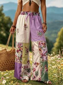 Zayélia Bohemian Boho Wide Leg Pants Color Block Floral Print Elastic Waist Drawstring Long Pants Loose Pants Garden Party Picnic Purple Floral Autumn - Multicolor - View 5