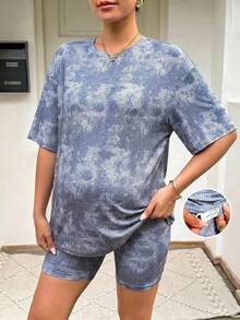 SHEIN 2pcs Maternity Tie-Dye Round Neck Short Sleeve T-Shirt And Adjustable Waist Shorts Casual Set  Going Out - Blue - View 9