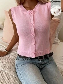 CovetEZ 女款純色單排扣休閒針織背心 - 粉色 - 查看 5