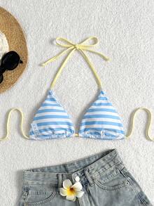 Elavelle Blue White Stripe Halter Bikini Top With Pale Yellow Trim - Multicolor - View 2