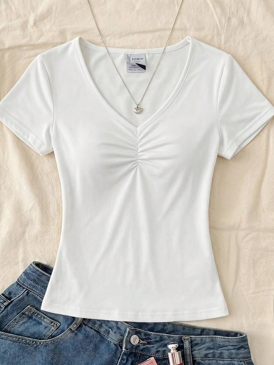 SHEIN 少女女孩粉色V領抓皺蕾絲拼接短袖T恤 - 白色 - 查看 1