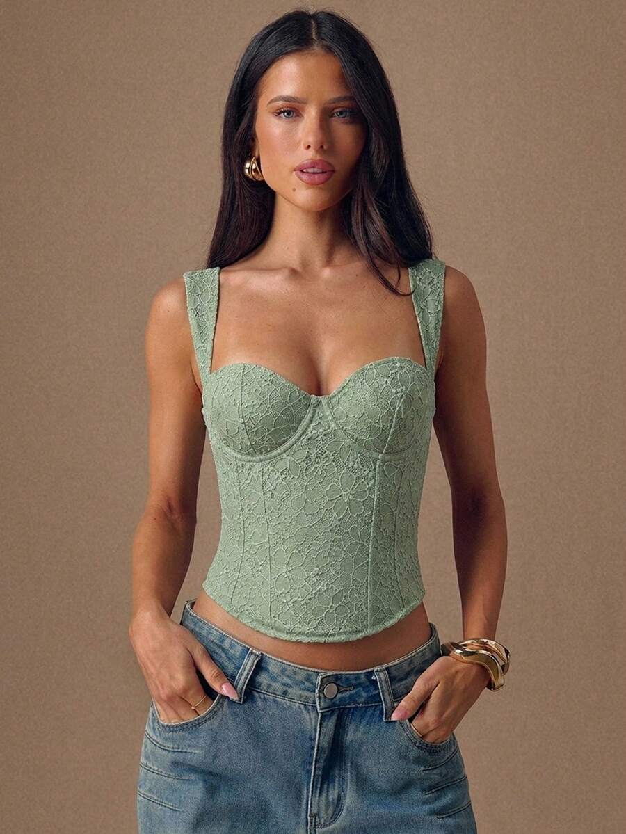 SHEIN BAE 女款鼠尾草綠細緻蕾絲性感吊帶背心 - 綠色 - 查看 1