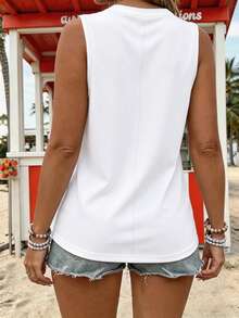 Maweii Plus Size Summer Vacation Letter & Coconut Tree Print Tank Top - White - View 2