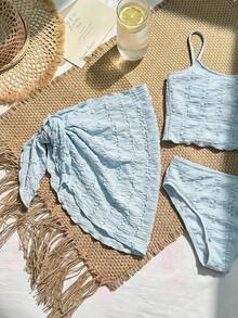 DAZY Tween Girl Solid Color Textured Swimwear Set Summer - Blue - View 7