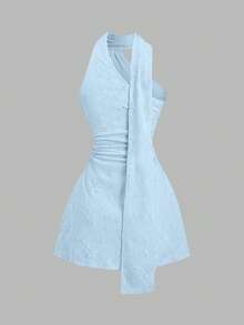 Sweetra Spring/Summer Fashion New Beach Romantic Vacation Pink Textured Minimalist Sexy Scarf Asymmetrical Shoulder Waist-Cinched Slimming A-Line Short Dress For Women Summer Outfit - Blue - View 2