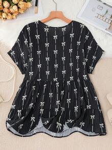 SHEIN LUNE 大尺碼女款圓領蝴蝶結裝飾休閒可愛仙女海盜風性感百搭日常穿著襯衫，黑色與白色，適合夏季度假、早午餐、辦公室、生日 - 彩色 - 查看 2