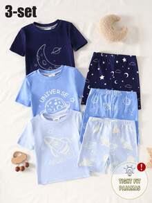 6件組男嬰短袖T恤與短褲套裝，藍色/深藍色/深藍，卡通宇宙星球印花，針織圓領，舒適柔軟簡約可愛修身居家服，夏季 - 彩色 - 查看 4