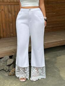 Sunnyshic Plus Size Women's Casual Versatile Daily Wear Denim Flare Jeans With Pockets, Buttons And Lace Patchwork - White - View 3