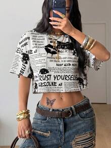 Coolane Newspaper Print Mesh Short Sleeve Top - Black and White - View 3