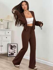SHEIN EZwear 2件組女款休閒純色寬肩帶開襟衫與抽繩腰喇叭褲套裝，秋冬穿搭 - 咖啡棕 - 查看 5