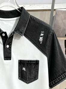Daypath Men's Summer Casual Colorblock Patchwork Polo Shirt - Black and White - View 3