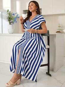 Rosumi Gaun Karaoke Kasual Musim Panas Wanita Ukuran Besar Motif Garis-garis Biru & Putih - Blue and White - View 10