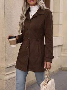 SHEIN 女款素色長袖單排扣休閒大衣 - 棕色 - 查看 4