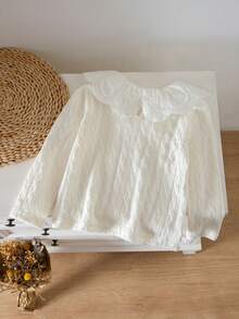 女童 T-shirt 春/秋季甜美風長袖上衣，麻花編織紋理大荷葉邊彼得潘領襯衫，百搭溫柔風格，適合日常/校園/派對穿著 - 米色 - 查看 2