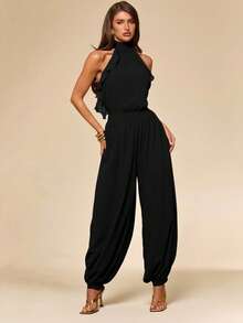 SHEIN BAE Spring/Summer Solid Brown Halter Neck Women's Lantern Pants Jumpsuit, Brown Chiffon Elegant Lantern Pants - Black - View 3