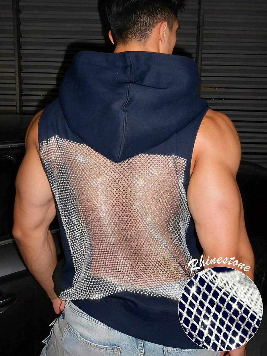 ZURIURI 時尚性感水鑽魚網拼接無袖連帽男士上衣 - 藏蓝色 - 查看 1