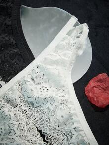 SpicyHot Black And White Floral Lace Hollow Low Waist Sexy Panties (2pcs Set) - Multicolor - View 5
