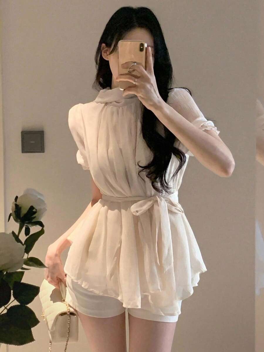 DAZY 女款純色立領短袖百褶優雅襯衫 夏季 - 杏色 - 查看 1