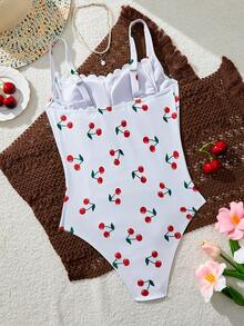 SHEIN Traje de baño de una pieza con estampado de cerezas y dos colores, conjunto de varias piezas para vacaciones de mujer - Multicolor - Ver 2