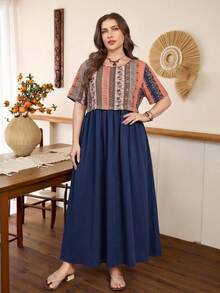 Lacomfia Minimalist Boho Traditional Casual Solid Color Patchwork Print Short Sleeve Loose Regular Fit Plus Size Dress Spring Summer Brunch Birthday Navy Blue - Multicolor - View 6
