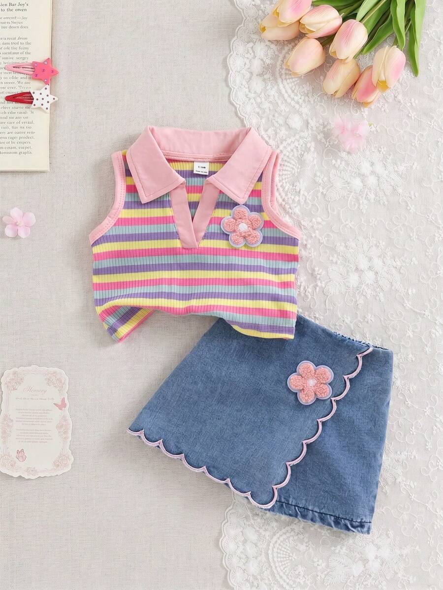 SHEIN Vintaside Kids 女嬰夏季甜美兩件套,粉色POLO領條紋羅紋無袖背心,飾有3D鉤編花朵裝飾,搭配波浪荷葉邊牛仔短褲與同款花朵裝飾,彈性親膚面料,復古田園風,適合旅行與日常穿著的時尚嬰兒套裝 - 粉色 - 查看 1