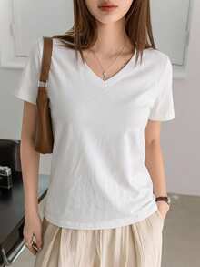 Dazy-Less Summer Casual Versatile Solid Color Short Sleeve T-Shirt - White - View 2