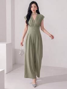 Heiryn Women's Solid Color Button Design Pleated Wide Leg Elegant Jumpsuit - Green - View 4