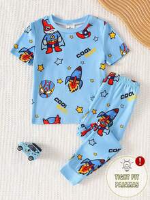 2pcs/Set Young Boy Knit Round Neck Short Sleeve Long Pants Blue Cute Funny Cartoon Pattern Simple Casual Comfortable Soft Snug Fit Loungewear Summer - Blue - View 6