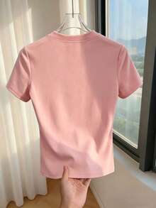 Franclia Damen Einfarbiges Apricot Rundhals Knopf Dekor Kurzarm Figurbetontes T-Shirt, geeignet für Alltag, Lässig, vielseitig tragbar, Sommer - Korallenrosa - Übersicht 2