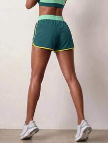 Powerista Green Colorblock Yellow Wide Shoulder Straps Sports Bra And Women's Gym Shorts Set For Running & HIIT Workout Women Summer Gym Sets - Green - View 9