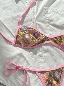Costavie Swim SXY 兩件式比基尼套裝，春夏海灘度假，亮片紋理面料，掛脖平口上衣與側綁丁字褲下裝，性感比基尼套裝 - 彩色 - 查看 6