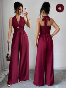 SHEIN Elenzya Damen einfarbiger Jumpsuit mit gerafftem Neckholder und geraffter Taille - Rot - Übersicht 1