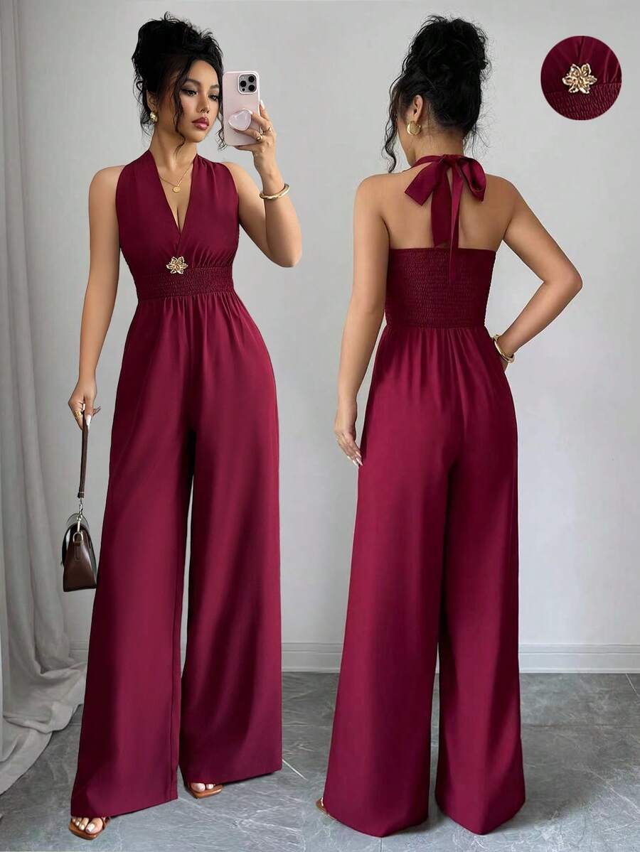 SHEIN Elenzya Damen einfarbiger Jumpsuit mit gerafftem Neckholder und geraffter Taille - Rot - Übersicht 1