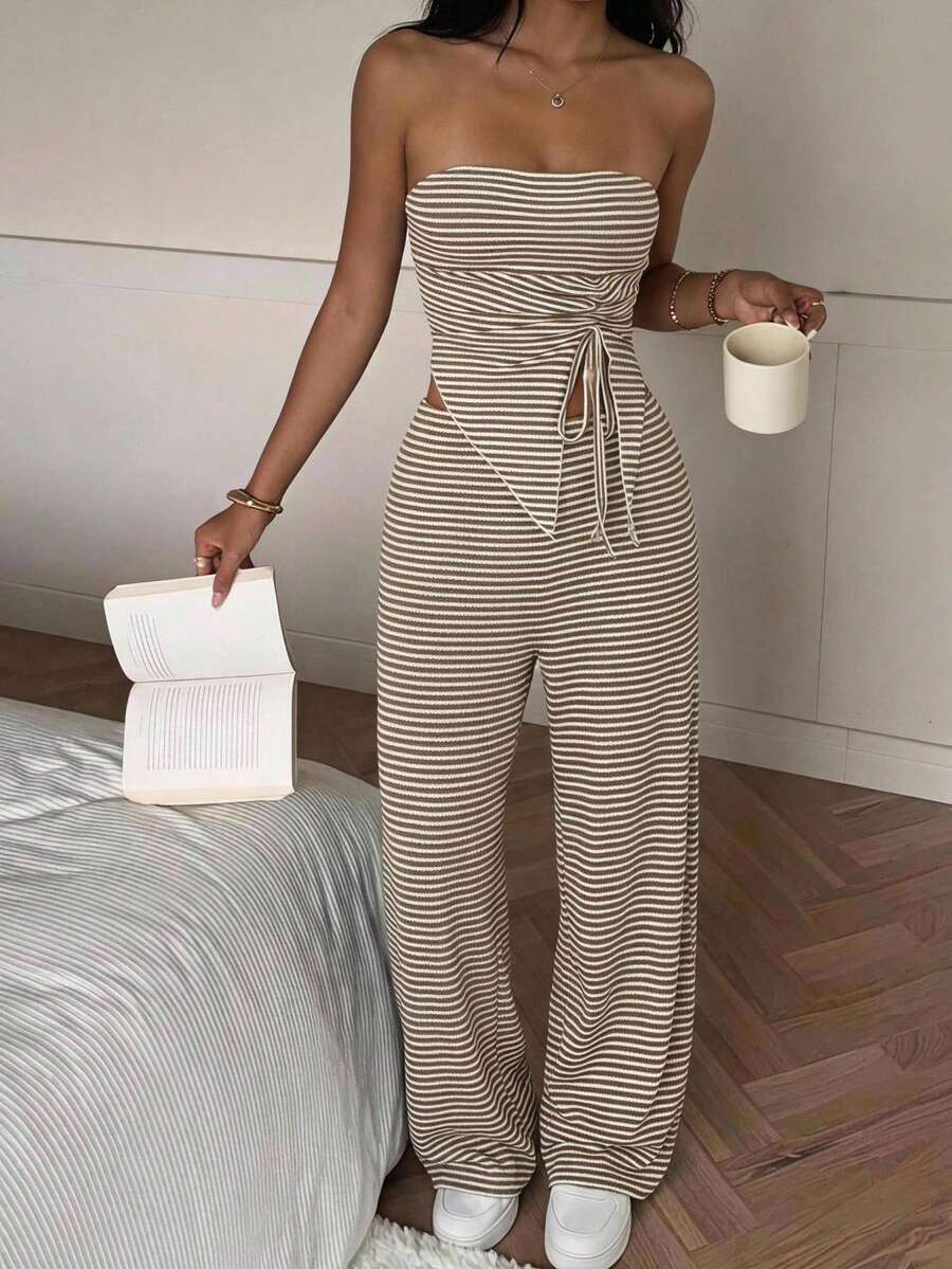 SHEIN EZwear 女款白色與棕色條紋針織不對稱下擺抹胸上衣與長褲兩件套,度假夏季性感居家早午餐夜店風 - 卡其色 - 查看 1