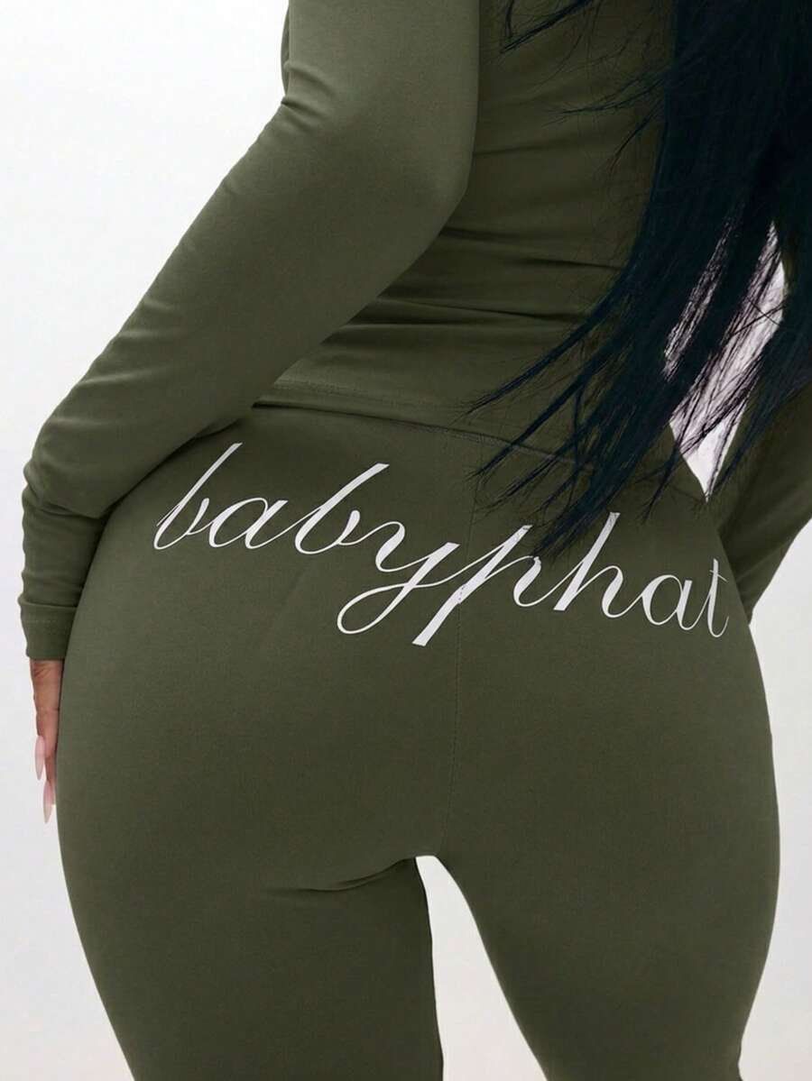 BABYPHAT 大码高腰卡其橄榄绿喇叭裤拉链连体裤，饰有刺绣字母和品牌标志细节 - 軍綠色 - 查看 1