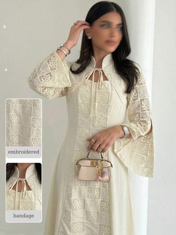 Yasmyna Women's Spring/Summer Apricot Woven Long Sleeve Embroidered Waist-Cinched A-Line Tie-Up Elegant Romantic Arabian Dress