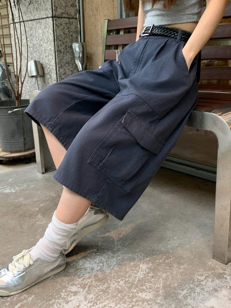 DAZY 女款純色寬鬆七分褲口袋休閒街頭風牛仔褲 春秋夏季日常深灰色校園風 - 深灰色 - 查看 1