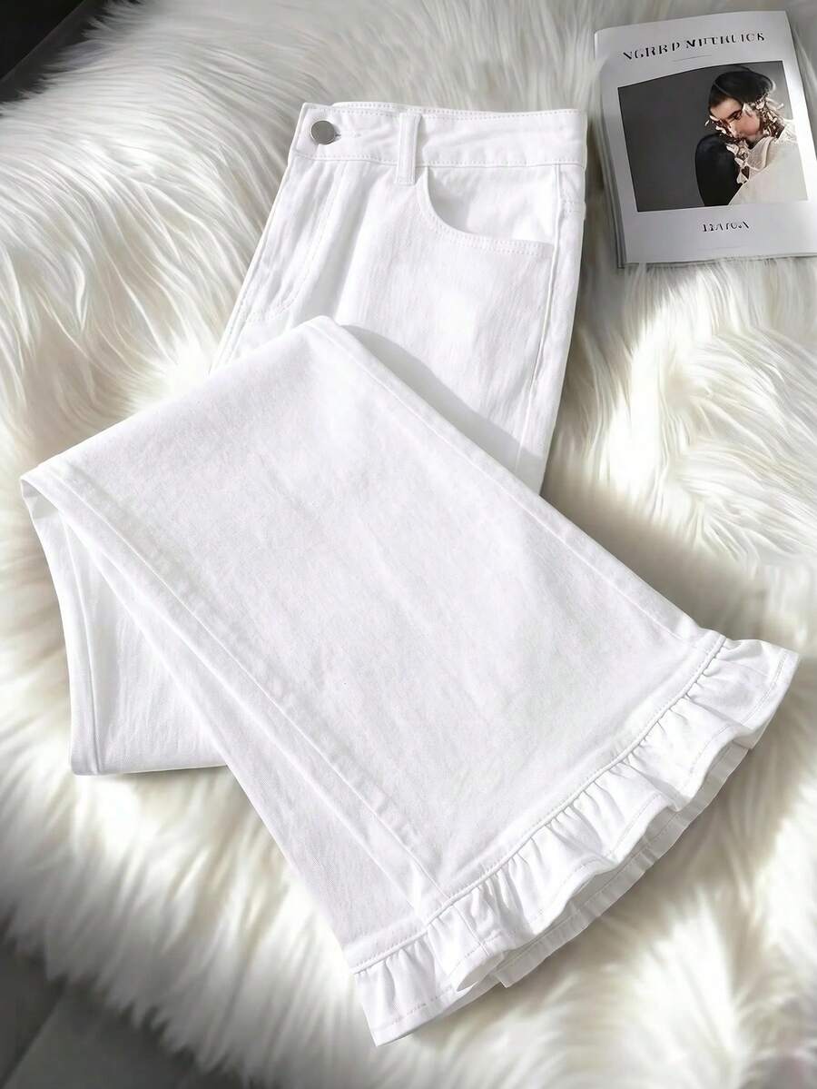 EMERY ROSE Plus Size Women's Casual Versatile Daily Travel Denim Flare Jeans With Pockets, Buttons And Pleats - White - View 1