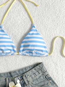Elavelle Blue White Stripe Halter Bikini Top With Pale Yellow Trim - Multicolor - View 7