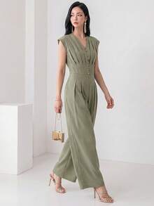 Heiryn Women's Solid Color Button Design Pleated Wide Leg Elegant Jumpsuit - Green - View 6