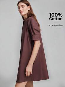 Ontre 2026 New All-Season Minimalist Fashion Elegant Casual Luxury Commute Vacation Party Wedding Outfit Knit Short Sleeve Round Neck Loose Button Brown Solid Color Women's Short Dress Versatile Slimming Heightening Elegant Daily Wear Commute Wear Work Wear Date Wear Fashion Wear Street Wear - Brown - View 4