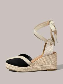 Styleloop Sandalias de cuña con correa y punta cerrada en contraste de color blanco y negro, estilo casual versátil y sencillo, un imprescindible para ir al trabajo - Negro - Ver 3