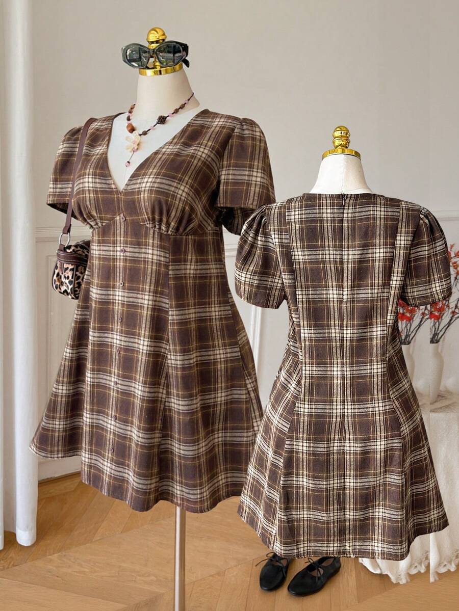 Comfortcana Plaid Plus Size Women's Dress - Brown - View 1
