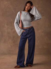 SHEIN BAE 女款純色圓領蝙蝠袖修身上衣 - 灰色 - 查看 4