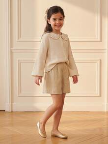 Maija Kids Maija Kids Tween 女童休闲宽松荷叶边领衬衫，柔软舒适，适合户外、居家、学校和多功能，春夏季 - 杏色 - 查看 4
