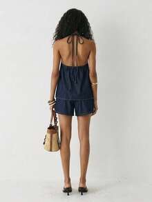 ATUI Studio Conjunto de top de mezclilla con amarre delantero y shorts de mezclilla para mujer - Azul - Ver 3