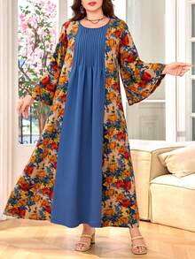 Lacomfia Vestido casual con estampado, patchwork y unicolor, manga 3/4, corte holgado regular, talla grande para primavera/verano - Multicolor - Ver 1